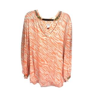Beachy Beaded Coral Zebra Tunic Top Chicos 3 (16/18) Animal Print Modal Resort